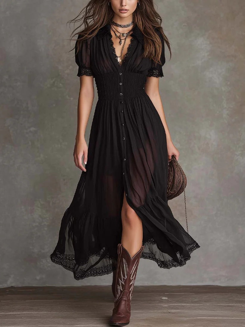 Fitted-waist Ruffled-edge Chic Dark-style V-neck Blouse And Slit Maxi Skirt – Premium 0 | RICALOUX