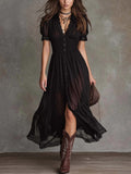 Fitted-waist Ruffled-edge Chic Dark-style V-neck Blouse And Slit Maxi Skirt – Premium 0 | RICALOUX