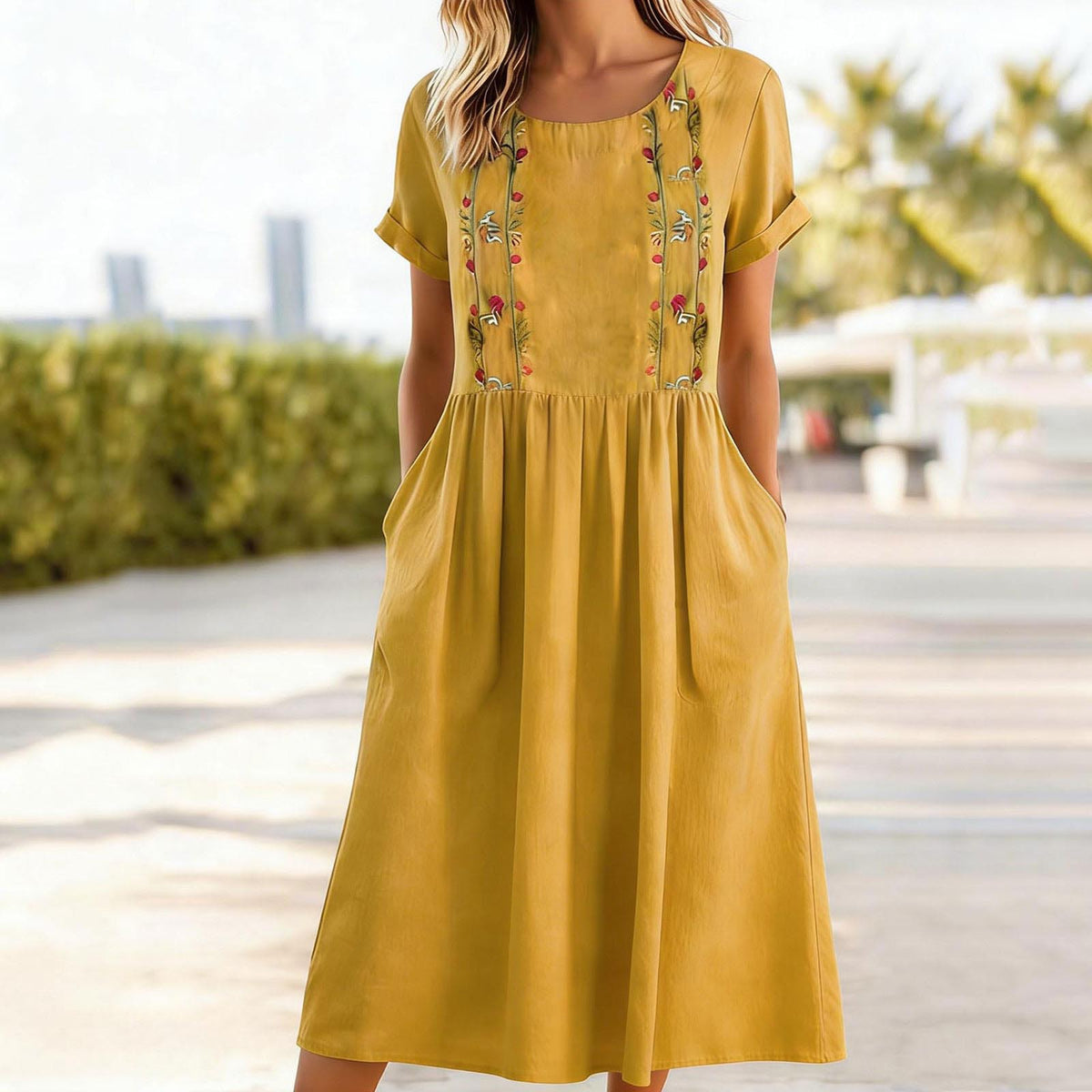 Womens Embroidered Crew-Neck Cotton-Linen Pinafore Dress by Ricaloux