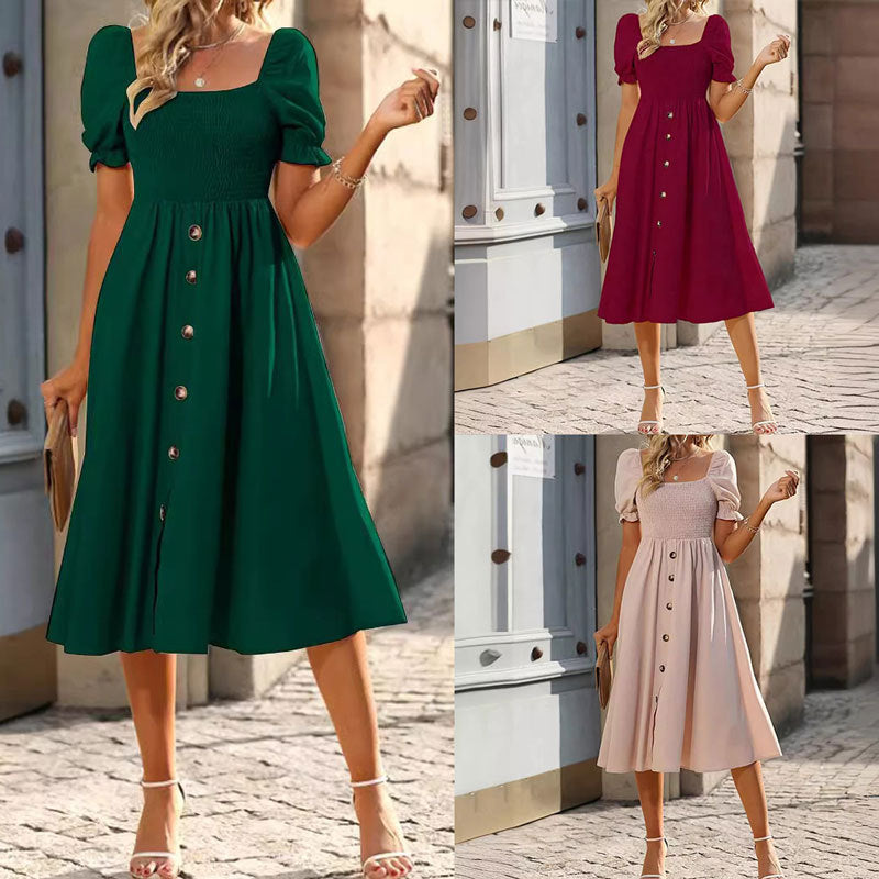 Womens Square-neck Pleated Short-sleeve Dress With Buttons by Ricaloux