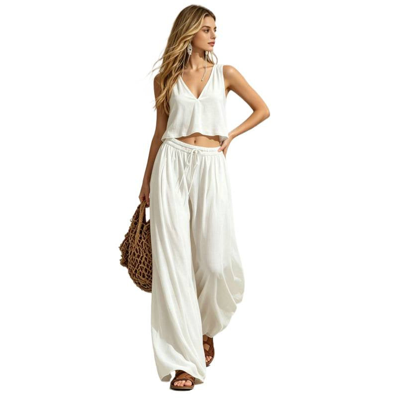 V-neck Solid-color Sleeveless Camisole And Wide-leg Pants Casual Set by Ricaloux