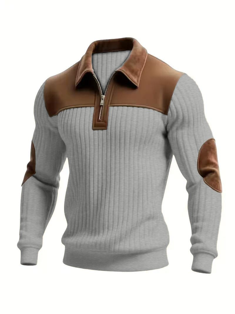 Notched-collar Patchwork Knit Top With Embroidered Zipper Hoodie - RICALOUX