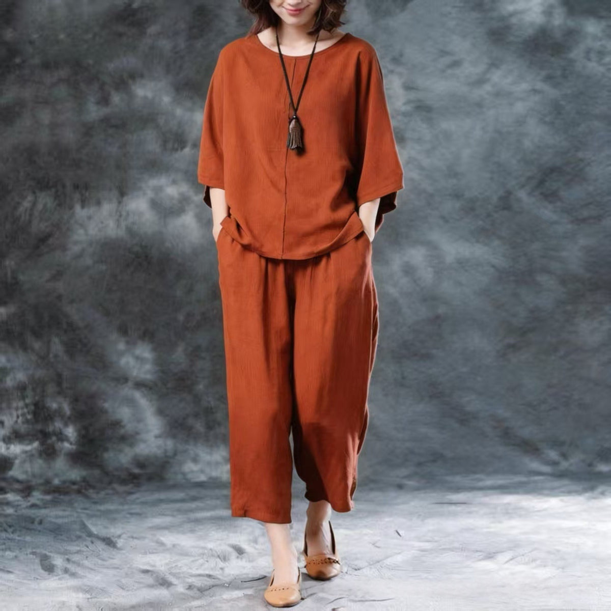 Womens Solid-Color Casual Wide-Leg Pants Set by Ricaloux