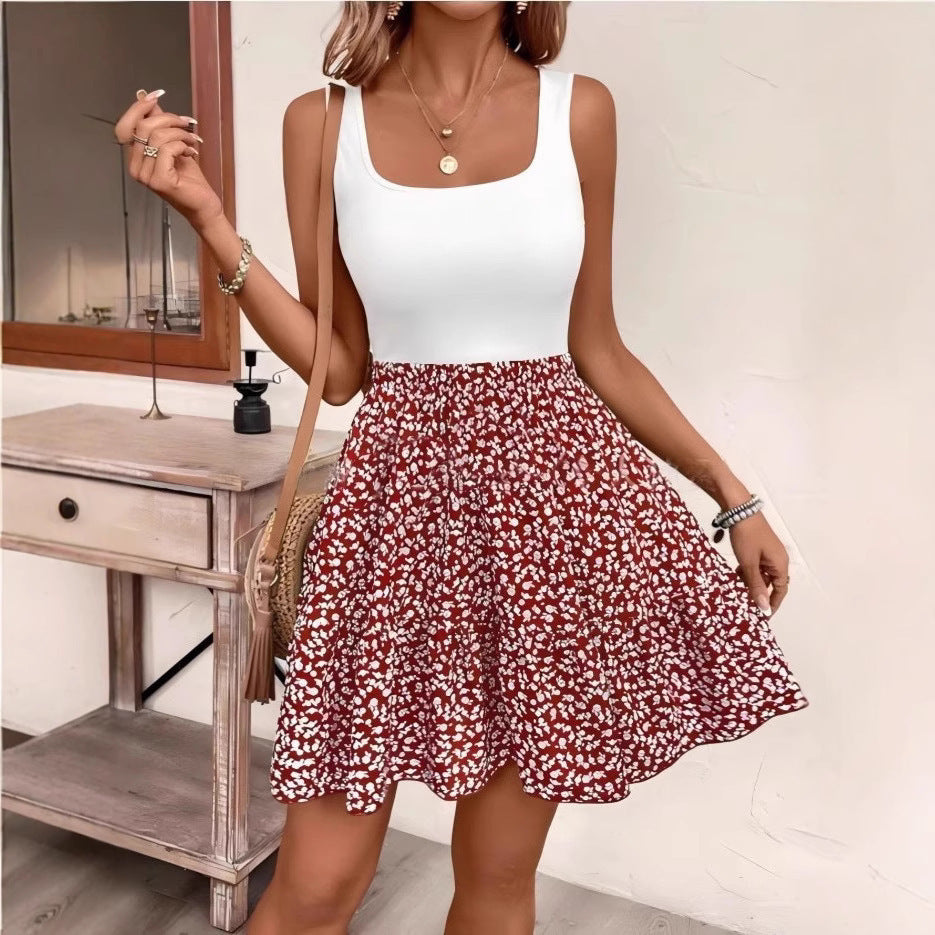 Floral-print A-line Dress With A Floral Pattern And A Vest Design by Ricaloux