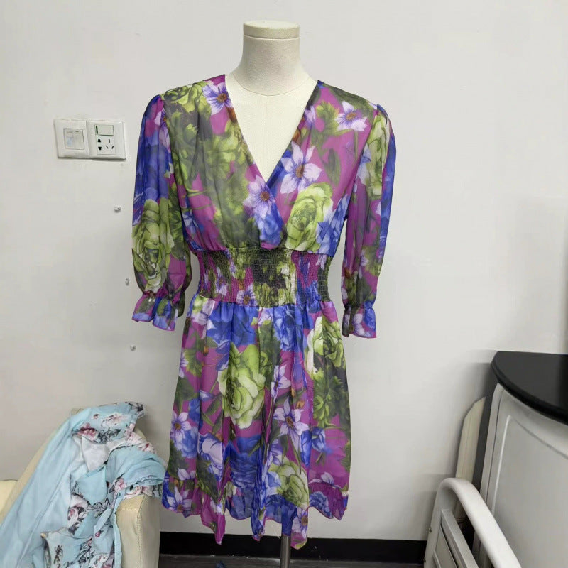 A-line Casual Chiffon Dress With A Fitted Waist And Ruffled Hem by Ricaloux