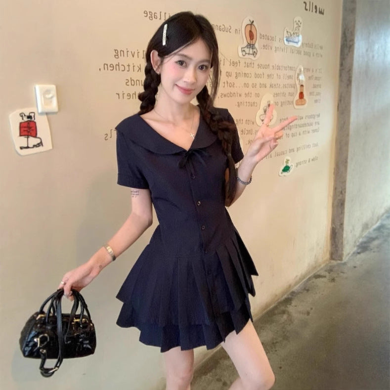 Navy Blue Doll-collar Short-sleeve Dress by Ricaloux