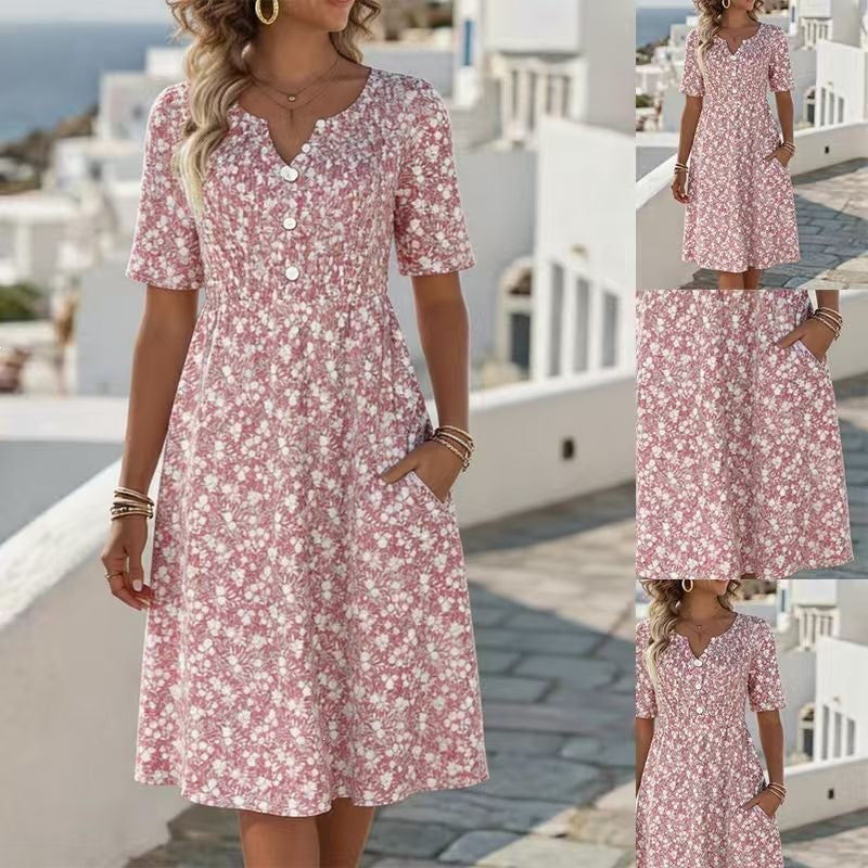 Womens Floral Print V-Neck Midi Dress With Short Sleeves – Premium 0 | RICALOUX