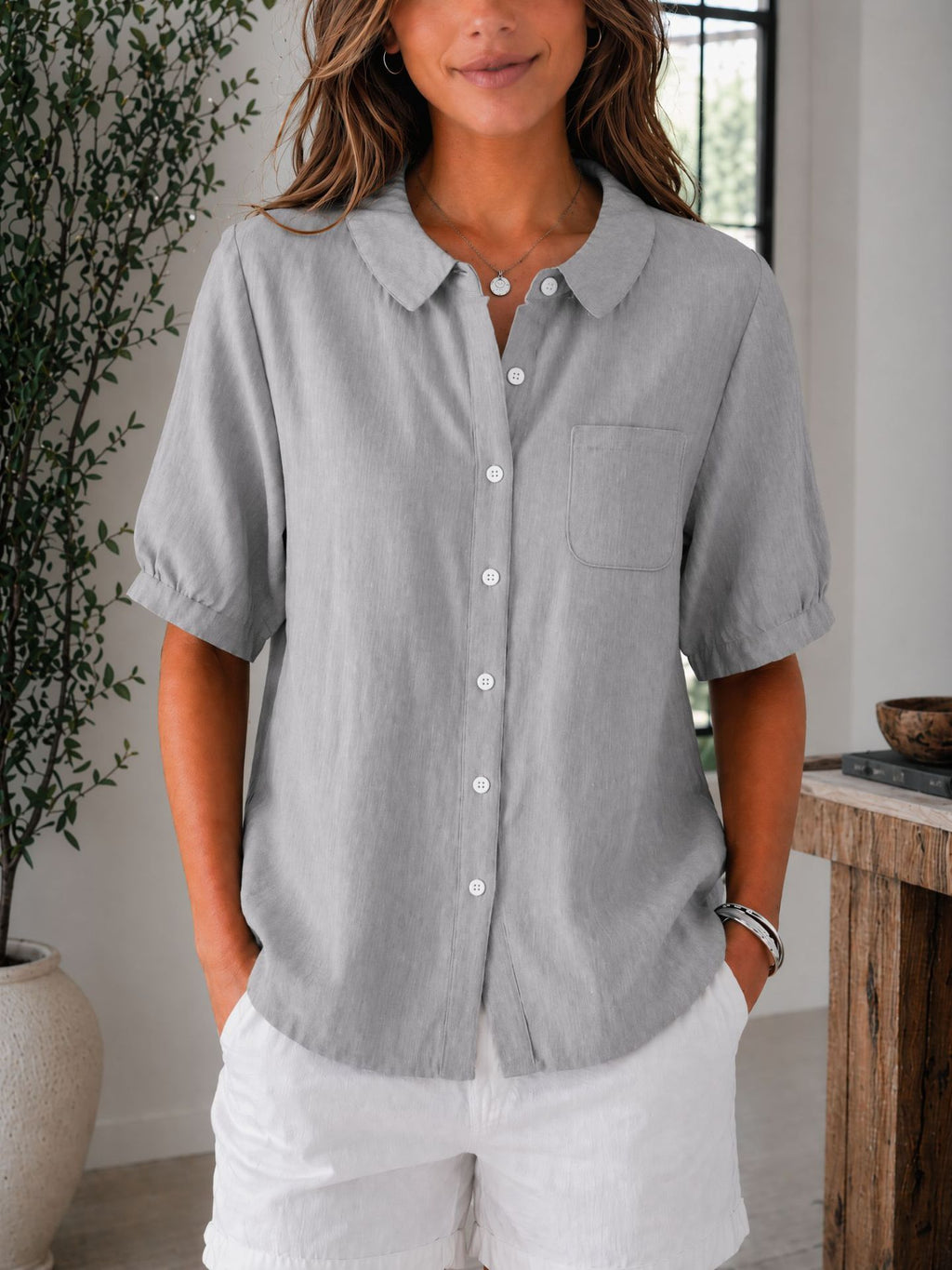 Womens Solid-color Loose-fit Casual Work Top by Ricaloux