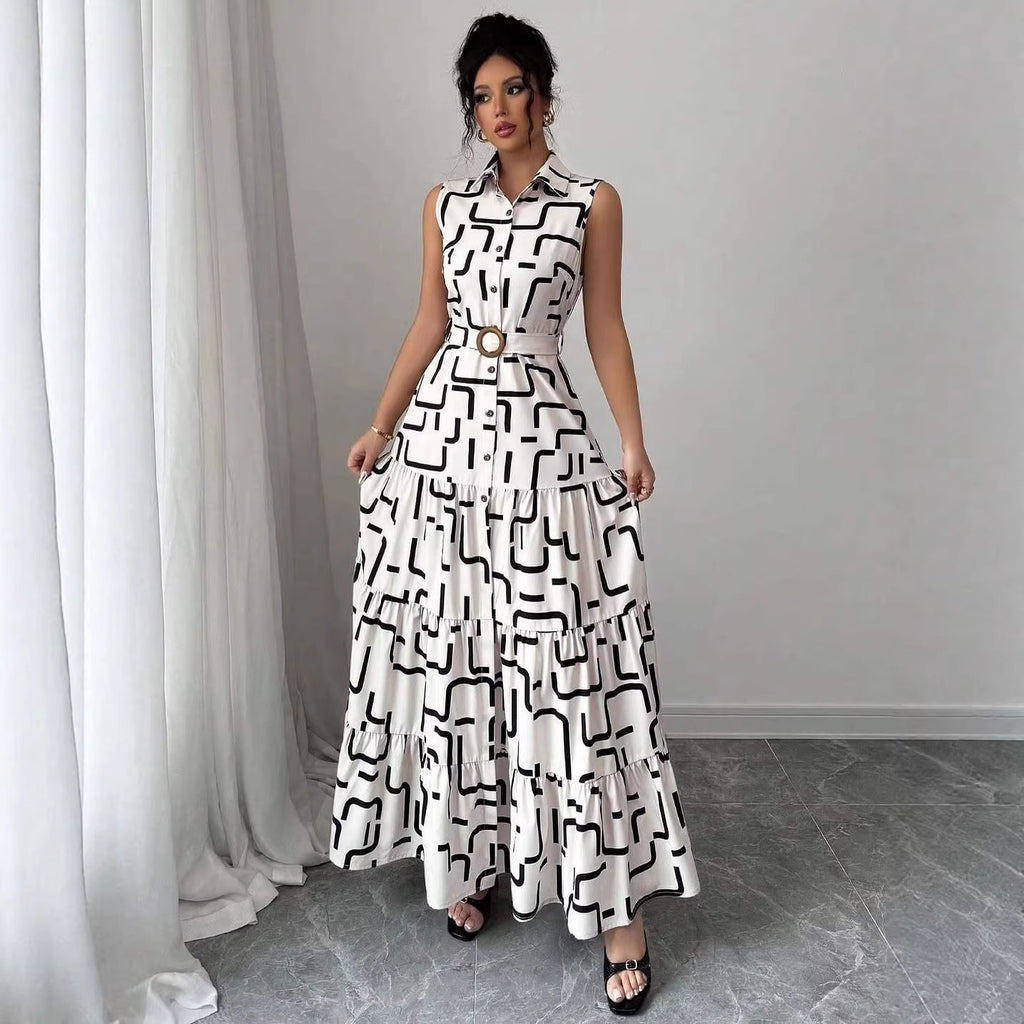 Printed-button Sleeveless Lace-up Shirt-collar Dress by Ricaloux