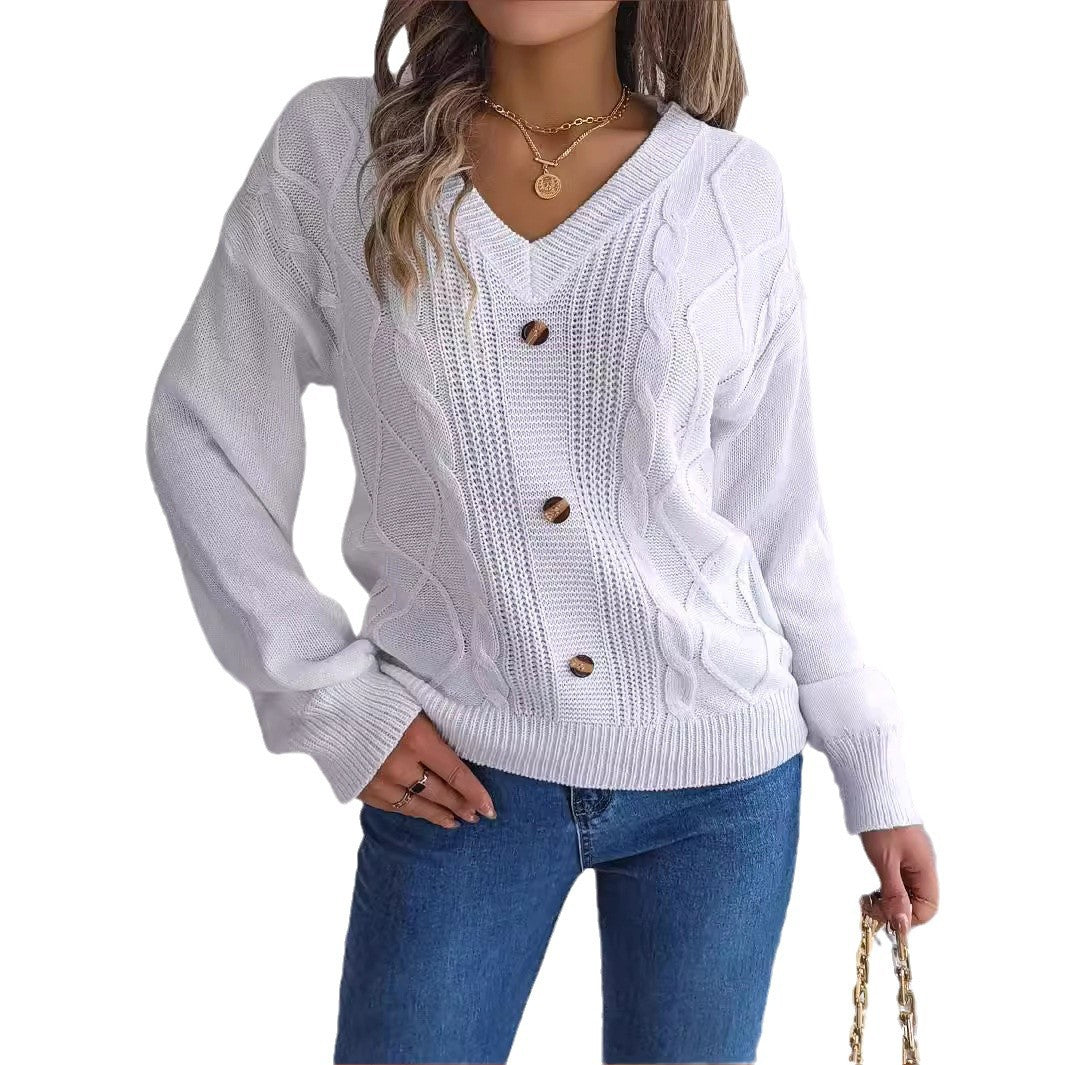 Solid-color V-neck Buttoned Cable-knit Puff-sleeve Pullover Sweater by Ricaloux