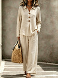 Womens Buttoned Polo-collar Long-sleeve Pantsuit by Ricaloux