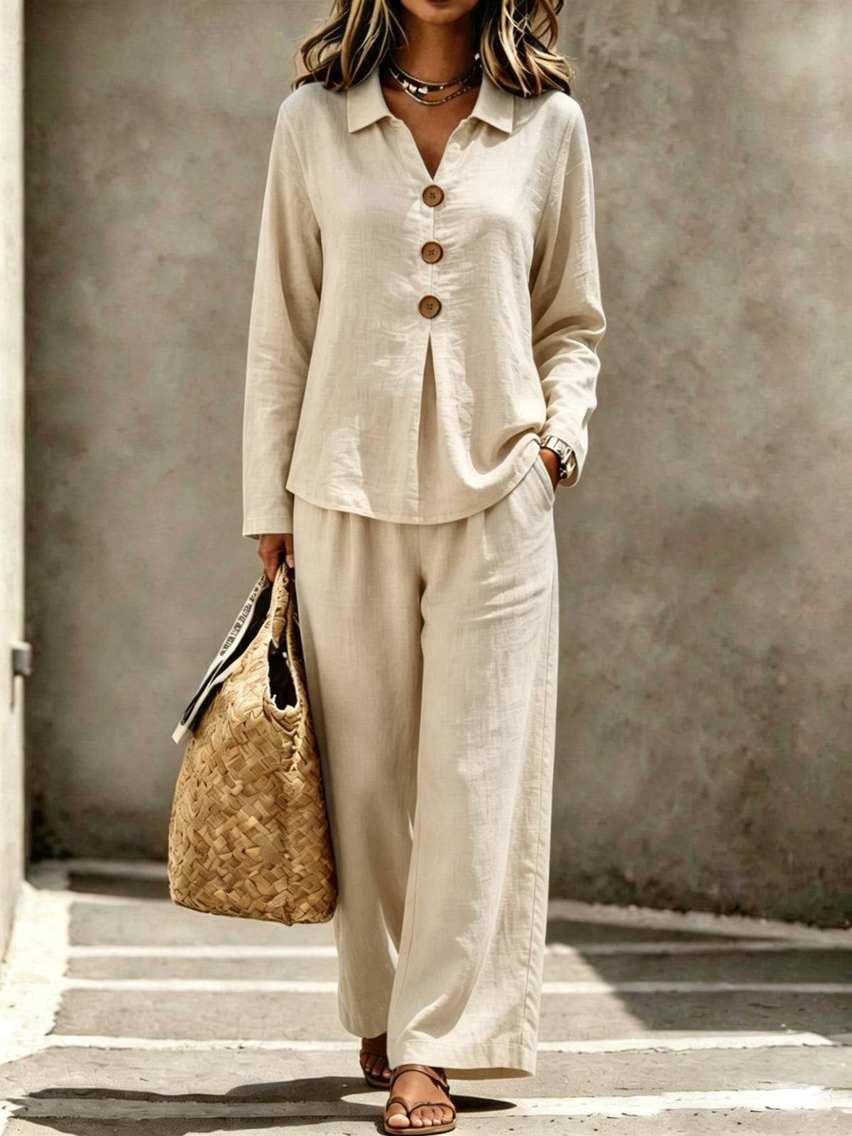 Womens Buttoned Polo-collar Long-sleeve Pantsuit by Ricaloux