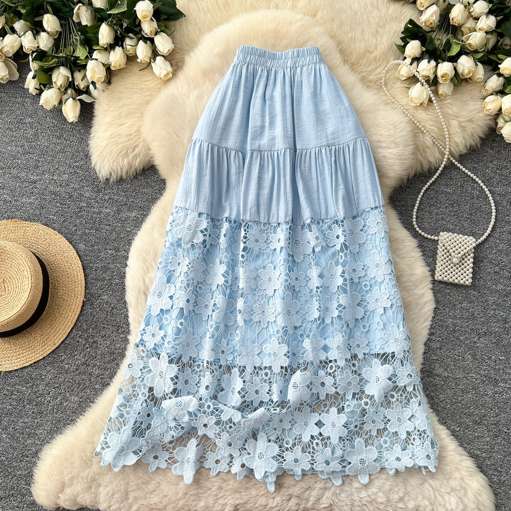 Womens Hollowed-Out Loose Lace-Patchwork A-Line Skirt – Premium 0 | RICALOUX
