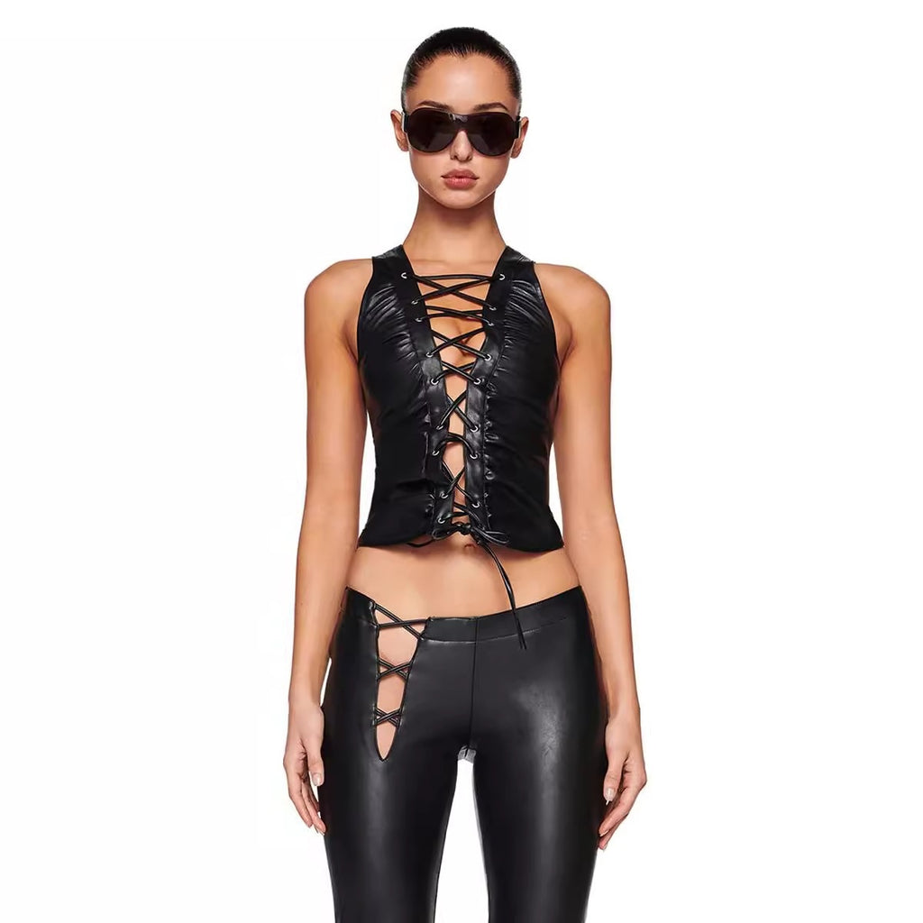European And American-style Solid-color Rivet Strap PU Leather Sleeveless Top by Ricaloux