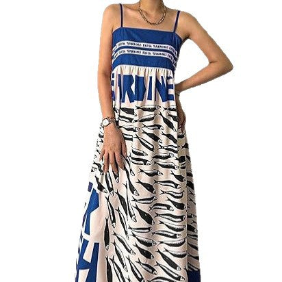Small-fish Strap Printed New Long Dress One-piece Dress by Ricaloux