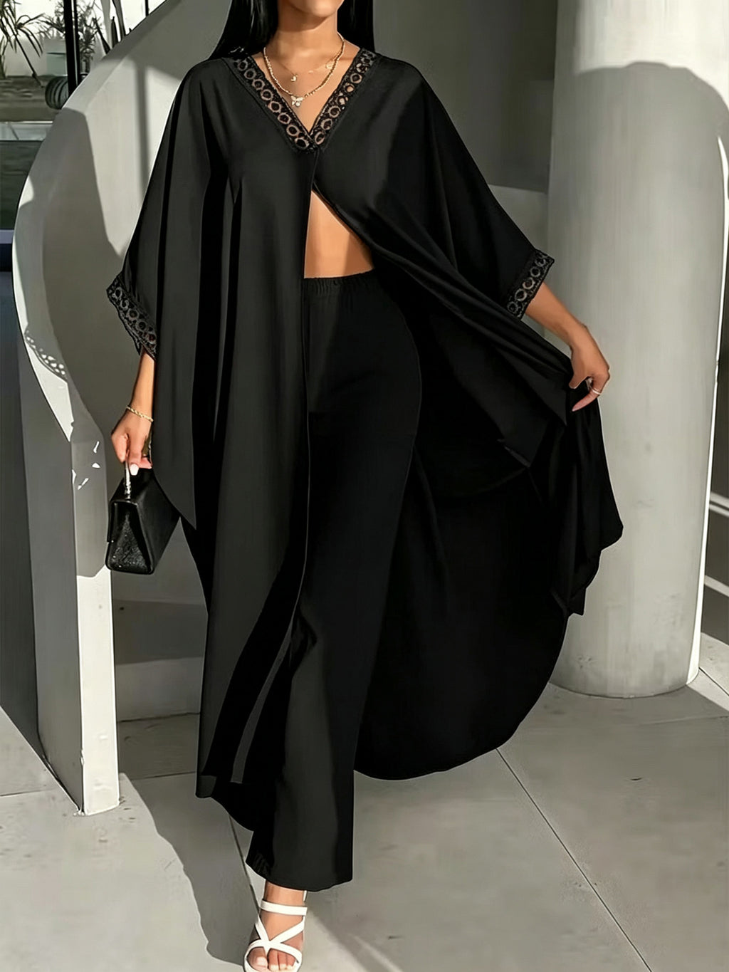 Womens Loose-Fit Batwing-Sleeve Lace V-Neck Coat And Pants Set by Ricaloux