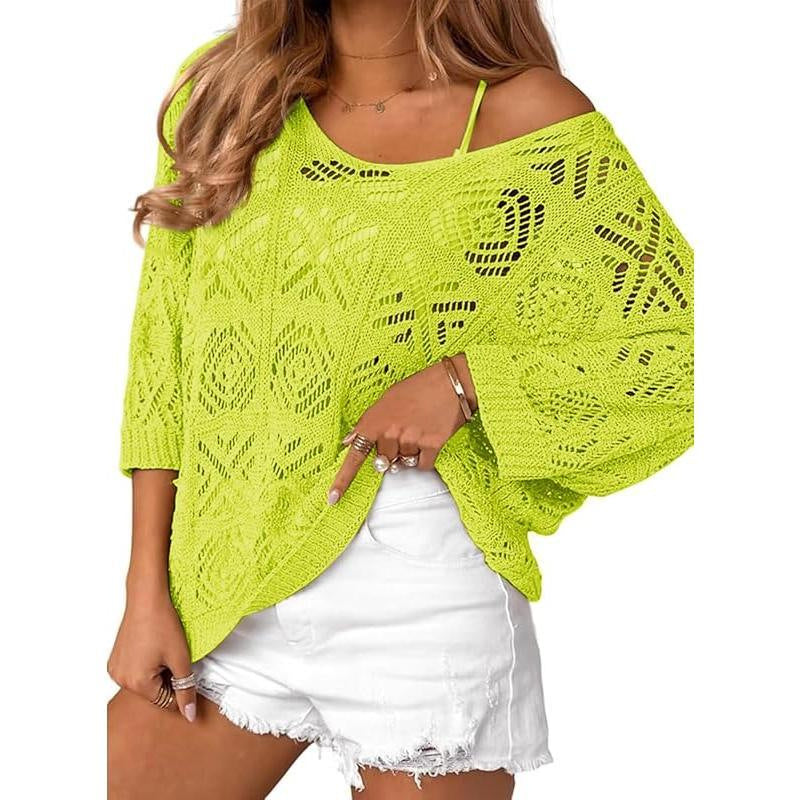 Crochet Hollowed-Out Three-Quarter-Sleeve Pullover Sweater – Premium 0 | RICALOUX
