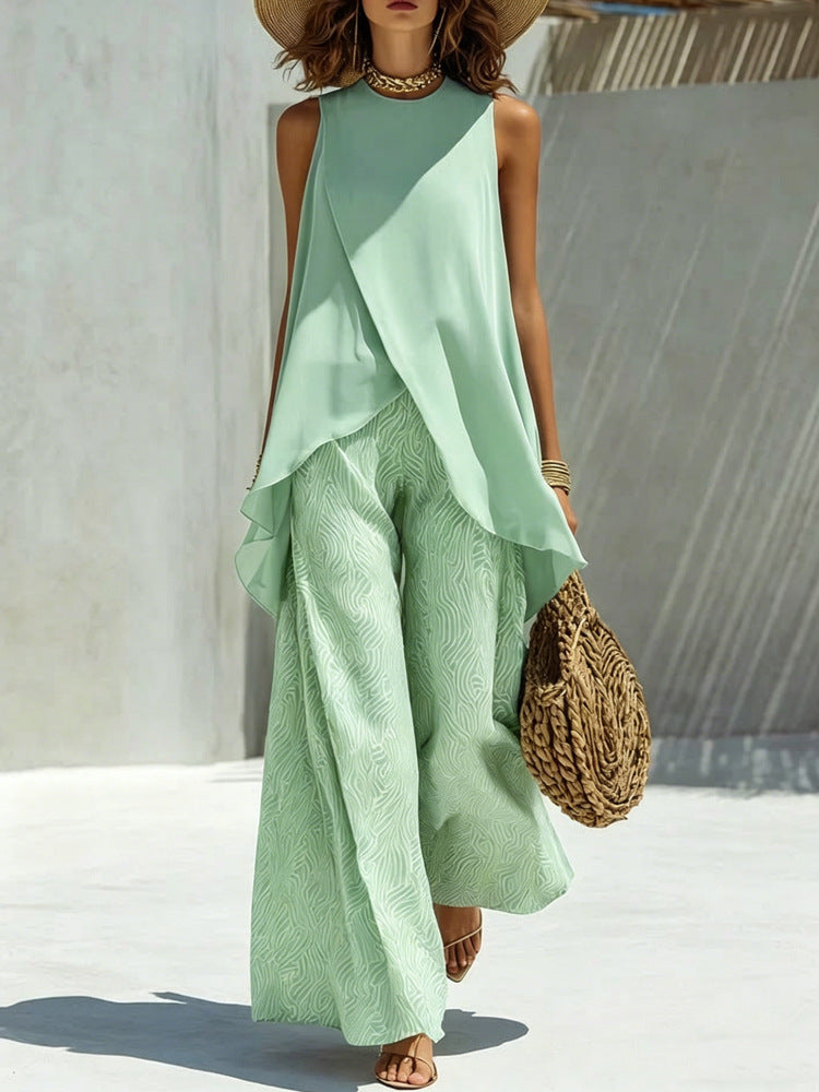 Womens Crew-neck Pullover Sleeveless Top And Long Pants Set by Ricaloux