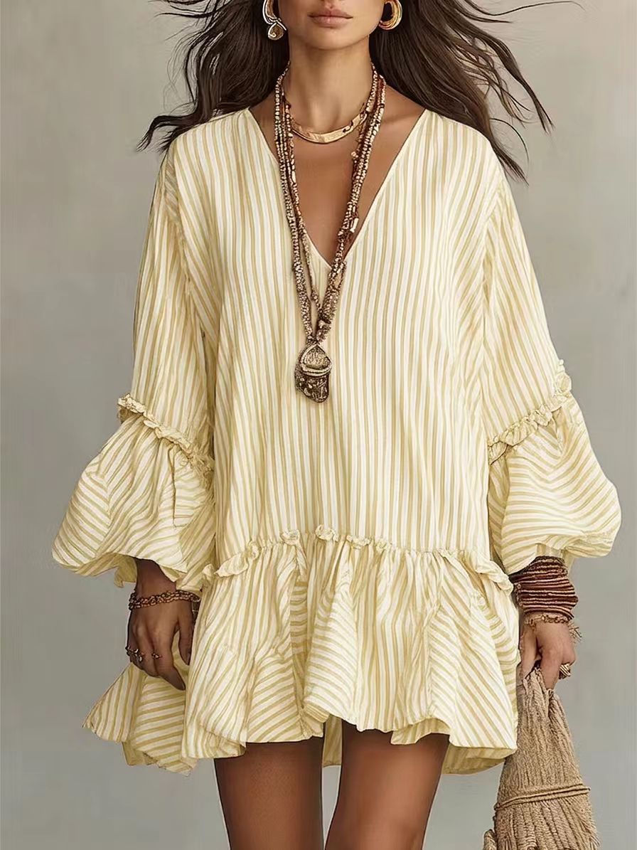 Womens Striped Print V-Neck Long-Sleeve Dress by Ricaloux