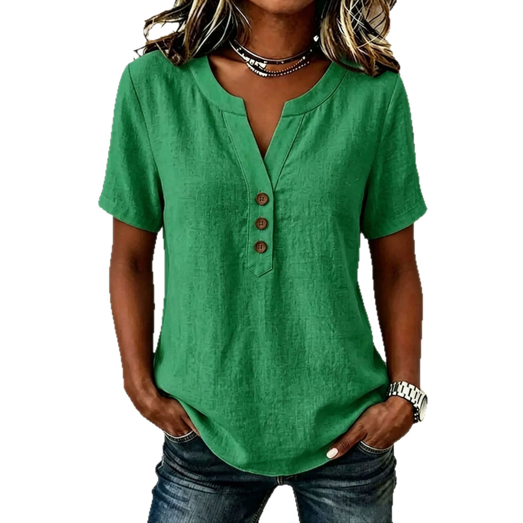 Casual Loose-fit Cotton-linen V-neck Button-up Top by Ricaloux