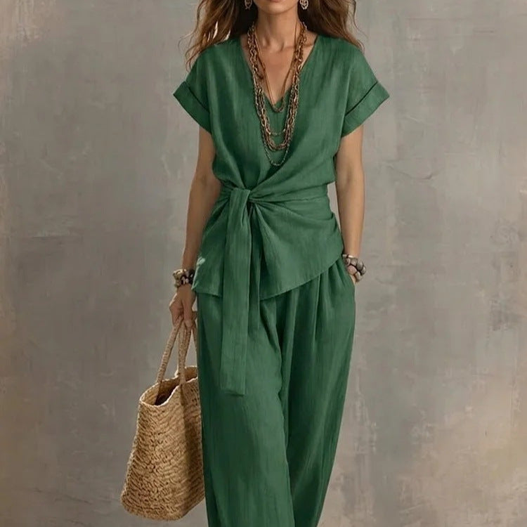 Waist-cinched V-neck Top And Solid-color Casual Pants Set – Premium 0 | RICALOUX