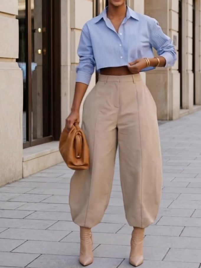 Light Blue Striped Cropped Button-Down Shirt by Ricaloux