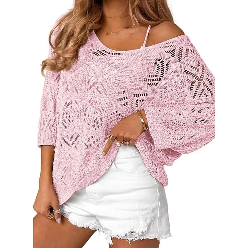 Crochet Hollowed-Out Three-Quarter-Sleeve Pullover Sweater – Premium 0 | RICALOUX