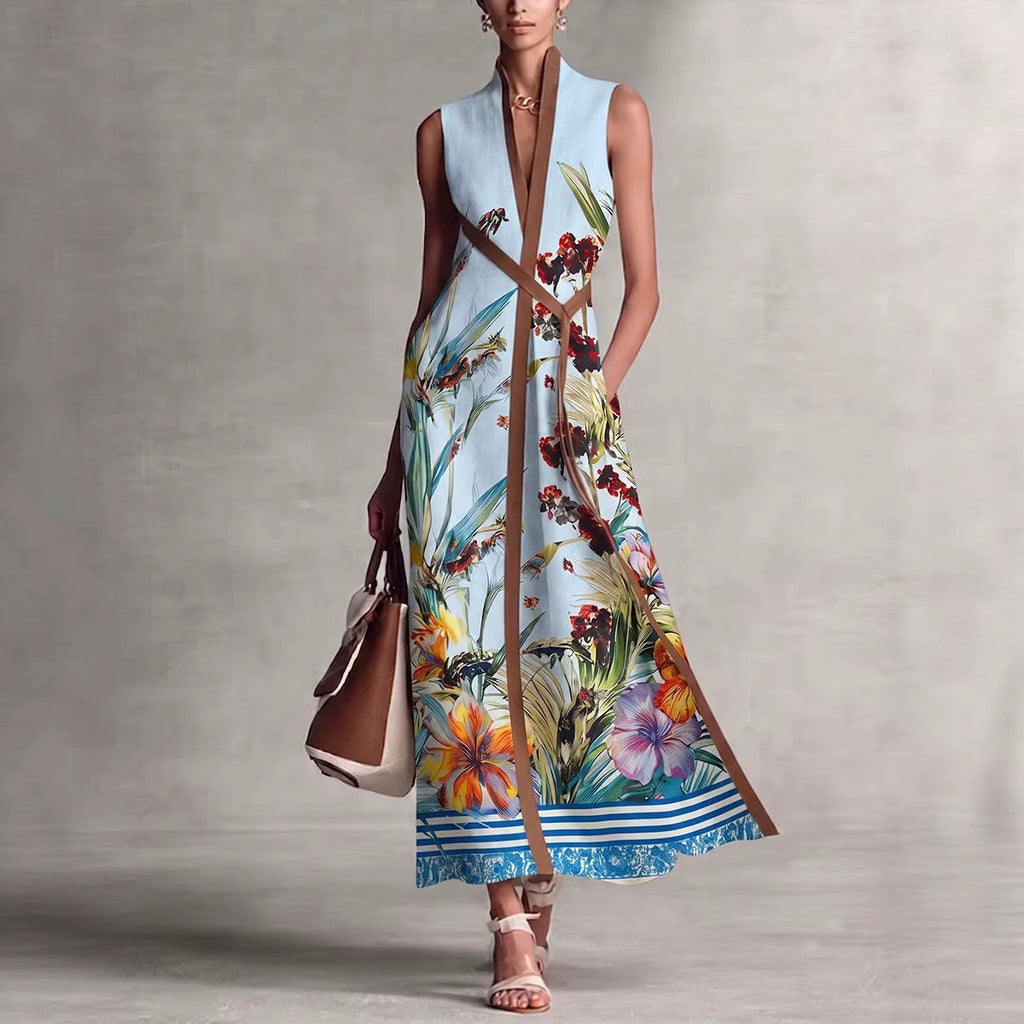 Sleeveless Long V-neck Printed Patchwork Dress by Ricaloux