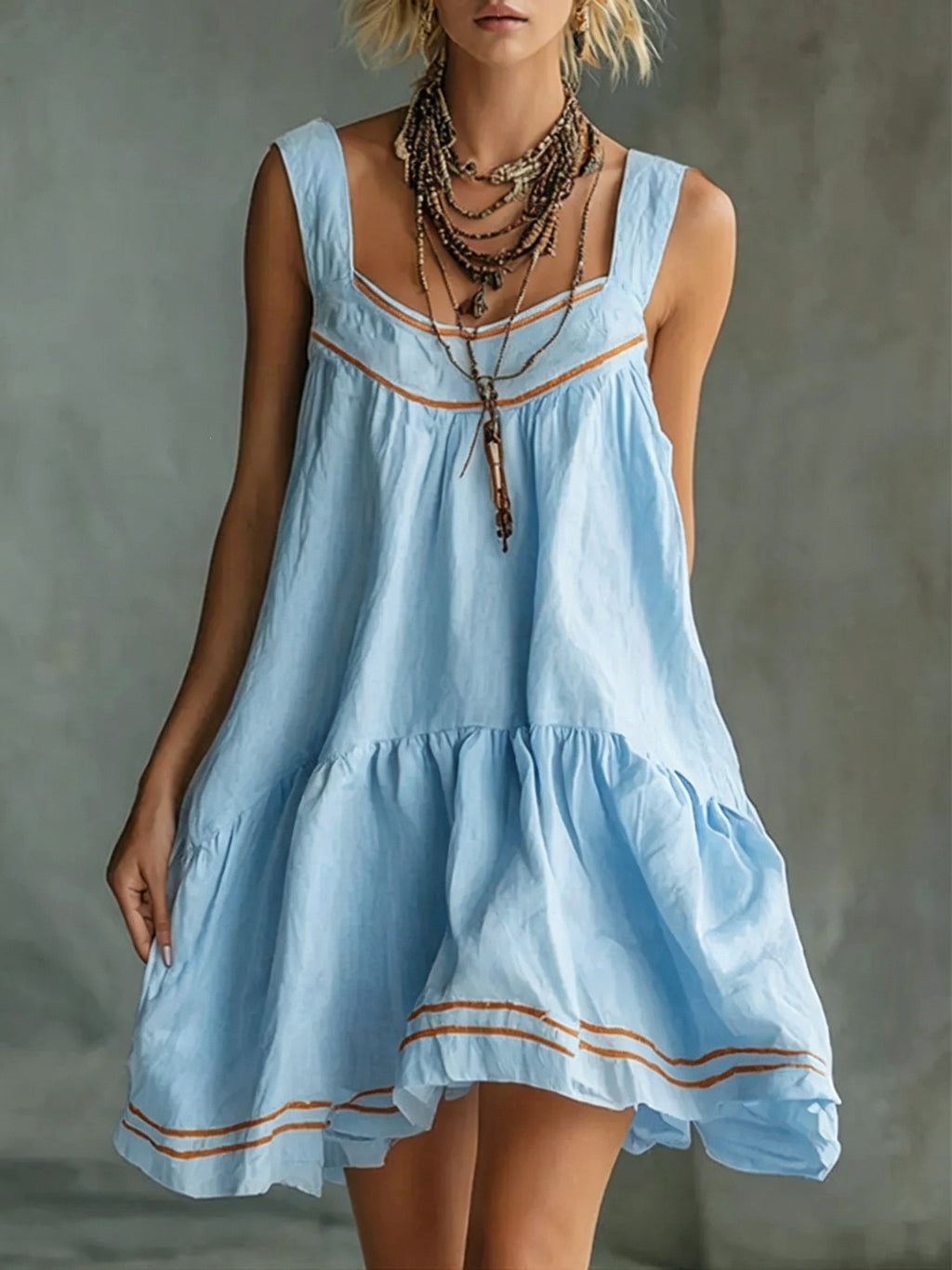 New Retro Casual Chic Embossed Comfortable Solid-color Cotton-linen Mini Slip Dress by Ricaloux