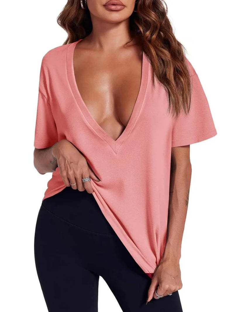 Solid-color Deep V-neck Short-sleeve T-shirt For Women by Ricaloux