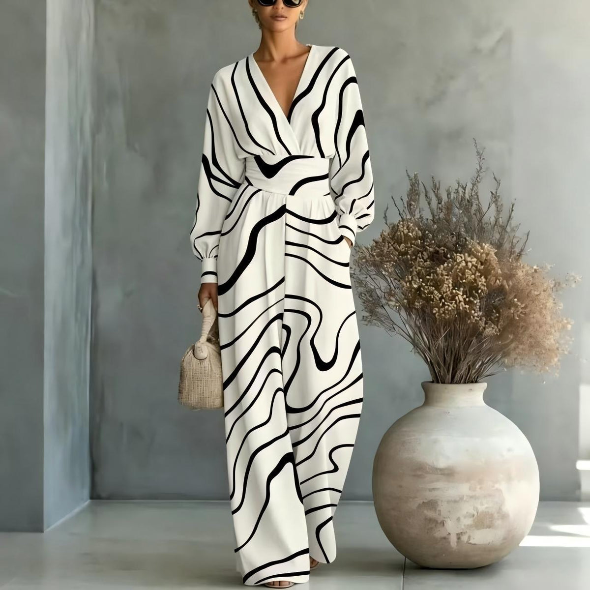 V-neck Long-sleeve Womens Printed Jumpsuit by Ricaloux