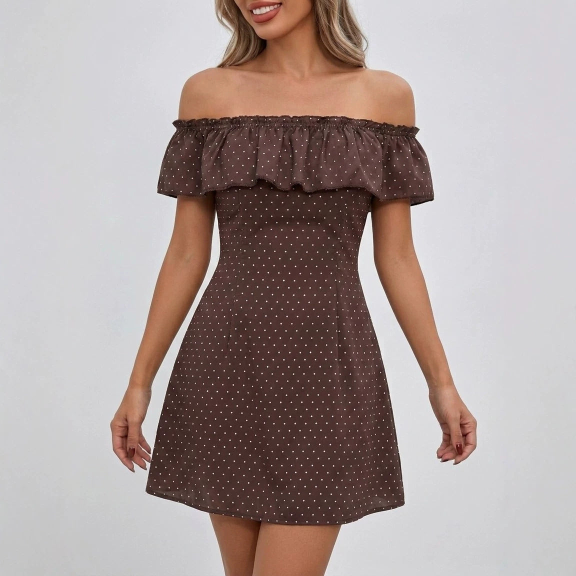 Womens Polka-dot Off-shoulder Dress by Ricaloux