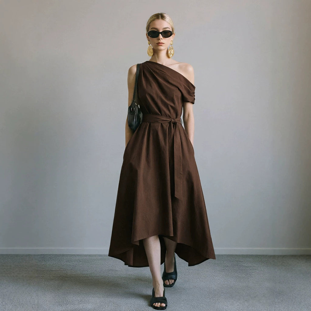 Irregular Hem Off-the-shoulder Waist-cinching Lace-up Elegant Womens Dress – Premium 0 | RICALOUX