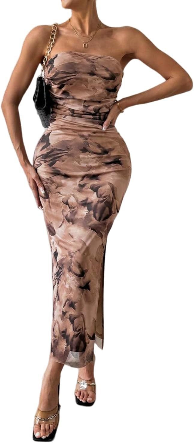 Women's Clothing Slit Hemline At Hem Sleeveless Printed Dress - RICALOUX