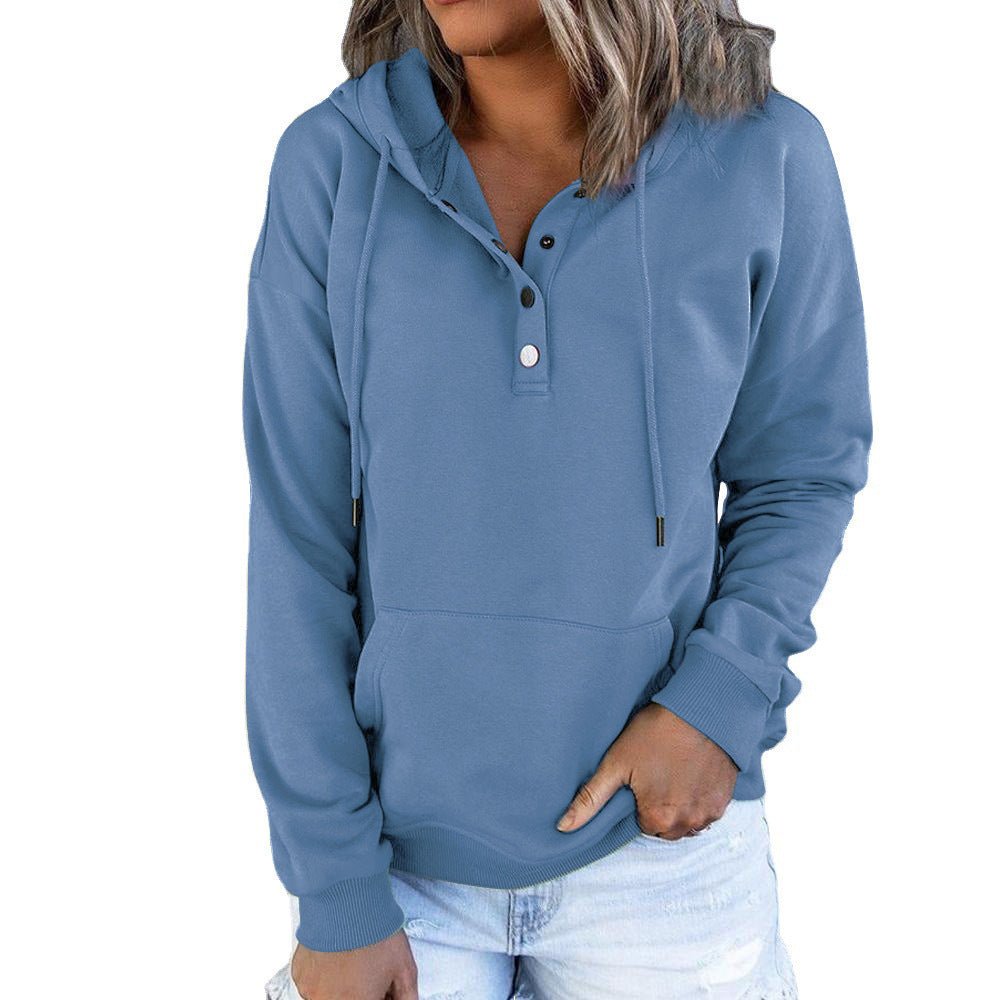 Long-sleeved Hooded Sweatshirt With Pockets Fashion Casual Button Drawstring Design Hoodie Top Spring And Autumn Sports Clothing For Women - RICALOUX