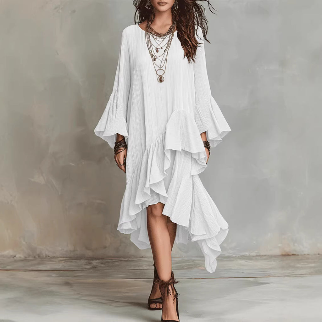 Womens Solid-color Elegant Asymmetrical Ruffled Dress by Ricaloux