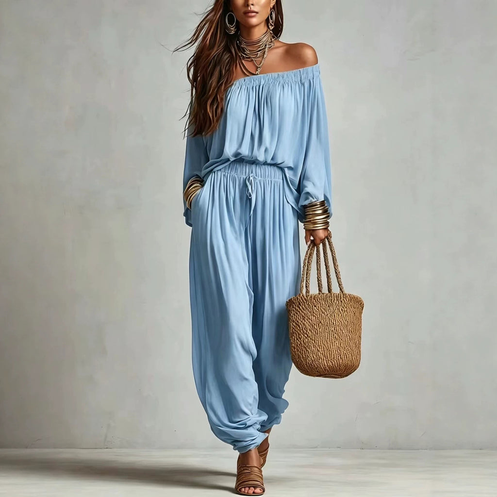 Womens Fashionable Off-shoulder Top And Wide-leg Pants Set by Ricaloux
