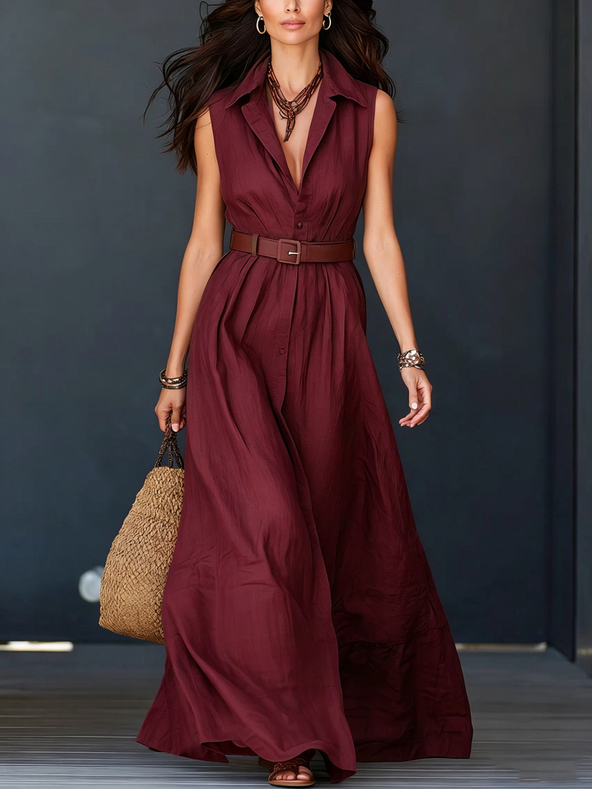 Sleeveless Lapel-neck Waist-cinching Shirt Dress – Premium 0 | RICALOUX
