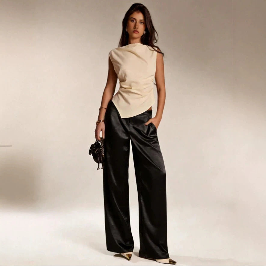 Womens Casual Solid-color Satin Wide-leg Pants by Ricaloux