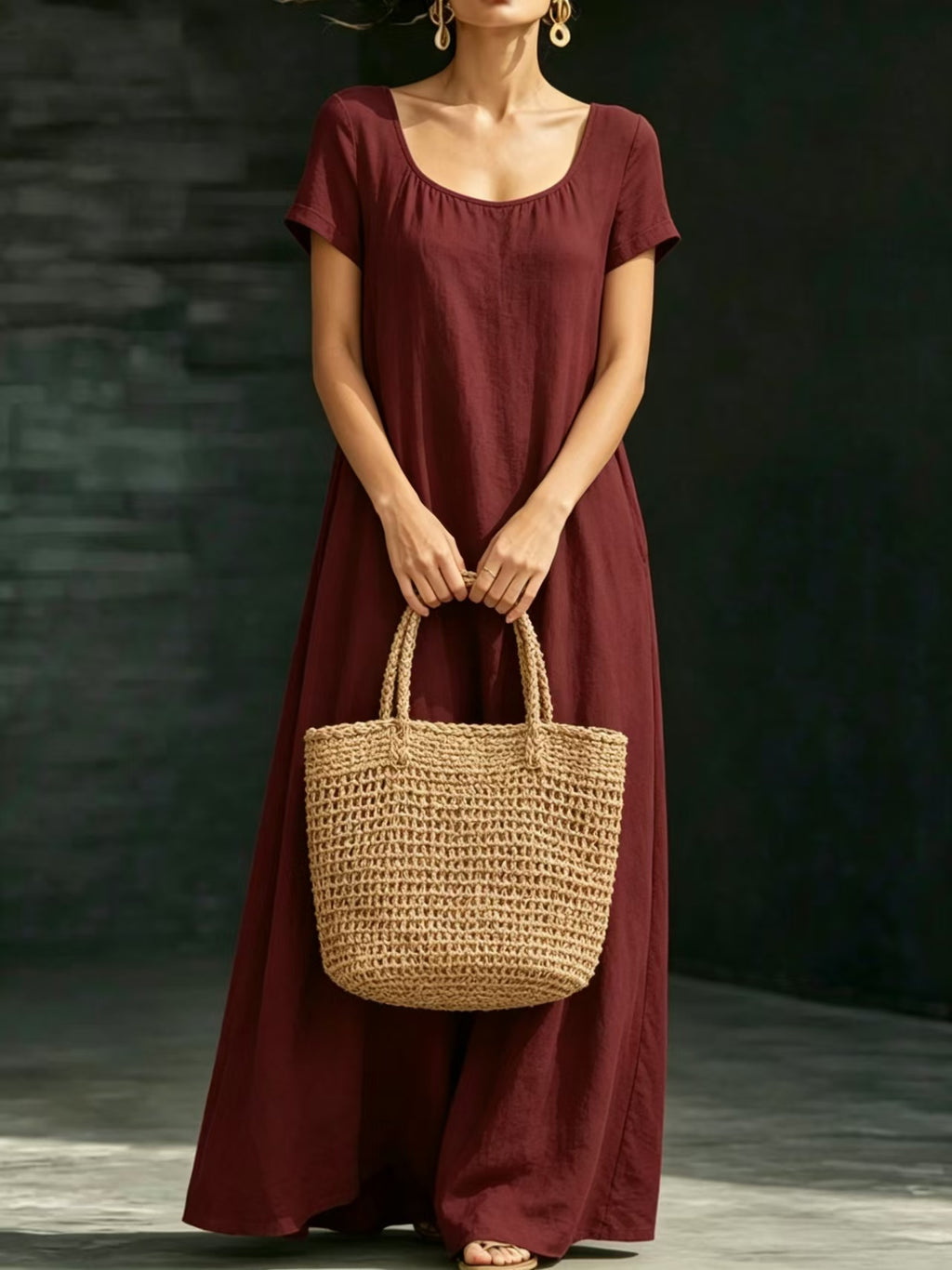Summer Dress U-neck Short-sleeve Loose Casual Pure Color Full-skirted Long Dress by Ricaloux