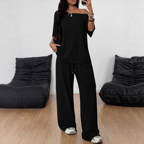 Casual 2 Pieces Set For Woman Two Piece Outfits Blusas T Shirt Tees Simple Style Homewear Loose Solid Color by Ricaloux