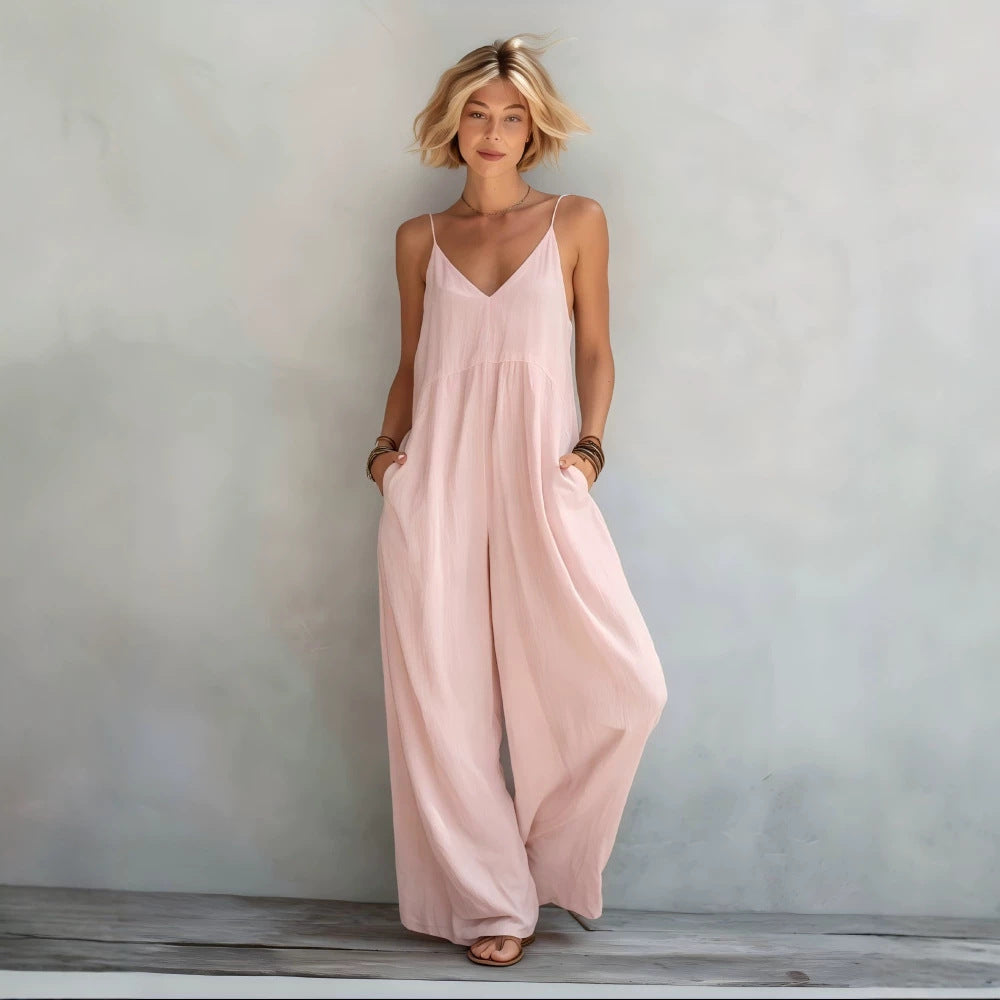 SpringSummer New Womens Solid-Color Cotton-Linen V-Neck Lace-Up Suspender Wide-Leg Jumpsuit by Ricaloux