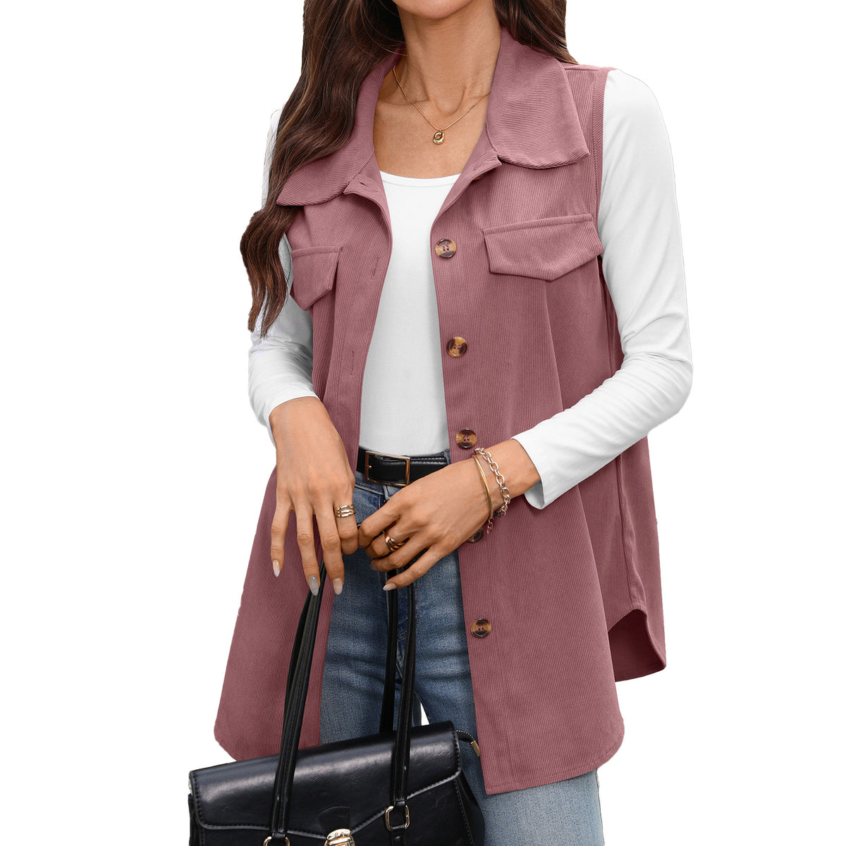 Solid-color Buttoned Corduroy Vest Jacket For Women by Ricaloux