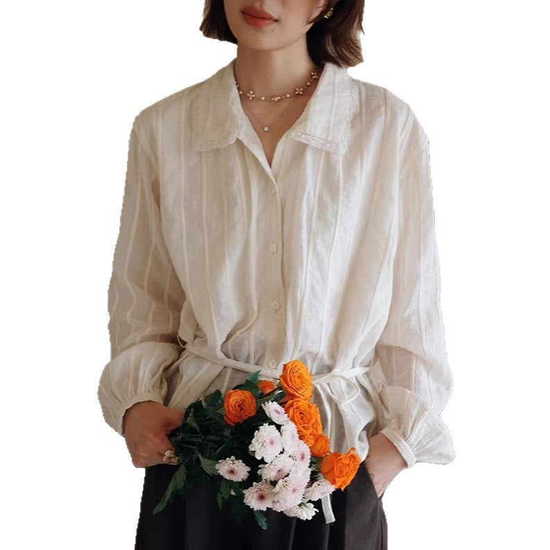 Womens Striped Jacquard Defined-Waist French-Style Shirt by Ricaloux
