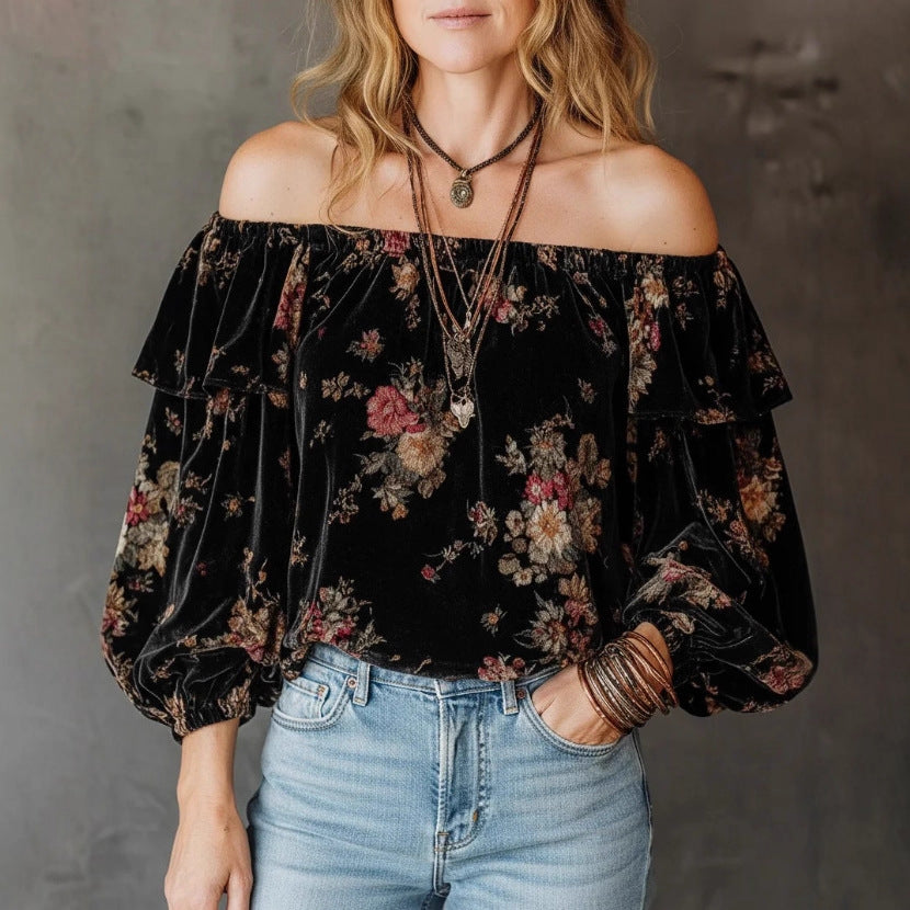 Womens Loose-fitting Long-sleeve Gold Velvet Top by Ricaloux