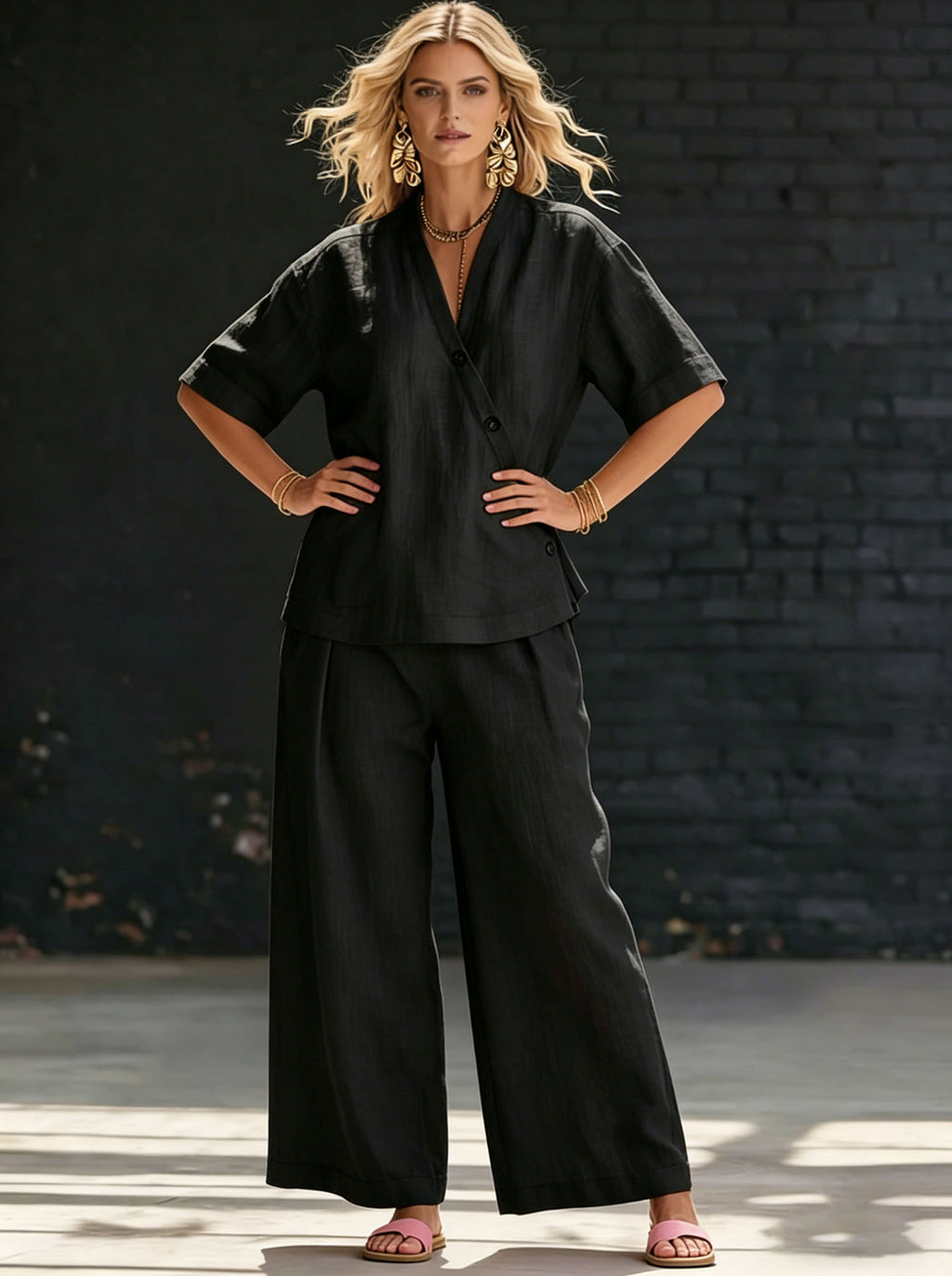 Womens V-neck Short-sleeve T-shirt And High-waisted Trousers Set by Ricaloux