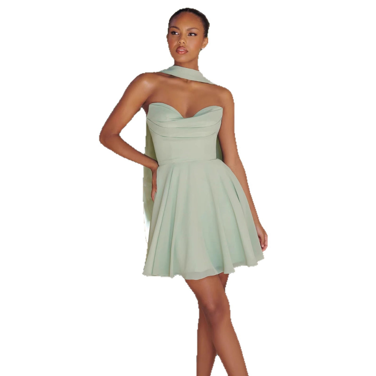 Party-hit Light-blue Halter-neck A-line Mini Skirt With Flowing Ribbons by Ricaloux