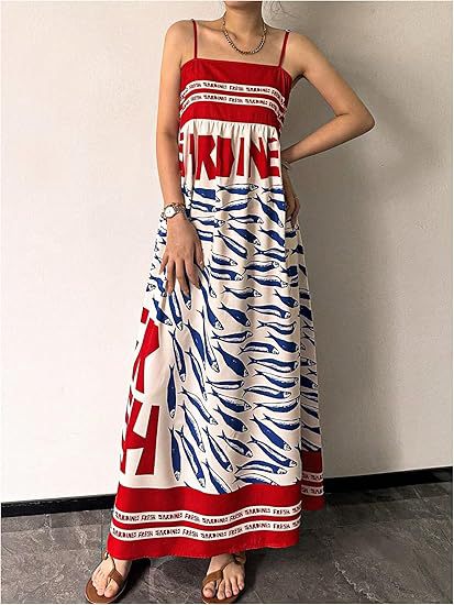 Small-fish Strap Printed New Long Dress One-piece Dress by Ricaloux