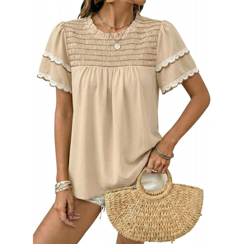 Womens Round-neck Ruffled Short-sleeve Blouse – Premium 0 | RICALOUX