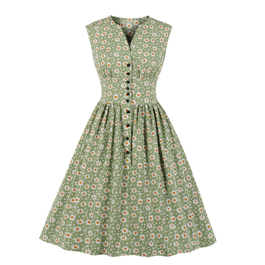 Women's long sleeveless retro floral dress - RICALOUX